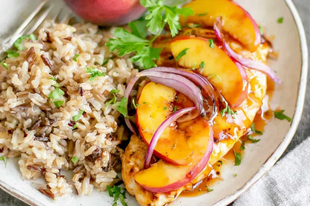 Roasted Peach BBQ Chicken Bake with juicy chicken breast, caramelized peach slices, red onion, and BBQ glaze served with rice and cilantro.