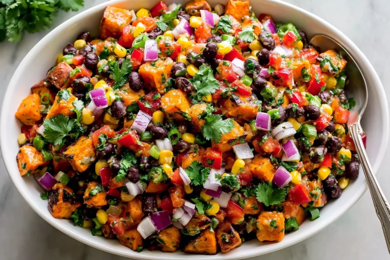 Roasted Sweet Potato Black Bean Salad with roasted sweet potatoes, black beans, corn, red bell peppers, red onion, cilantro, and lime dressing in a serving bowl.