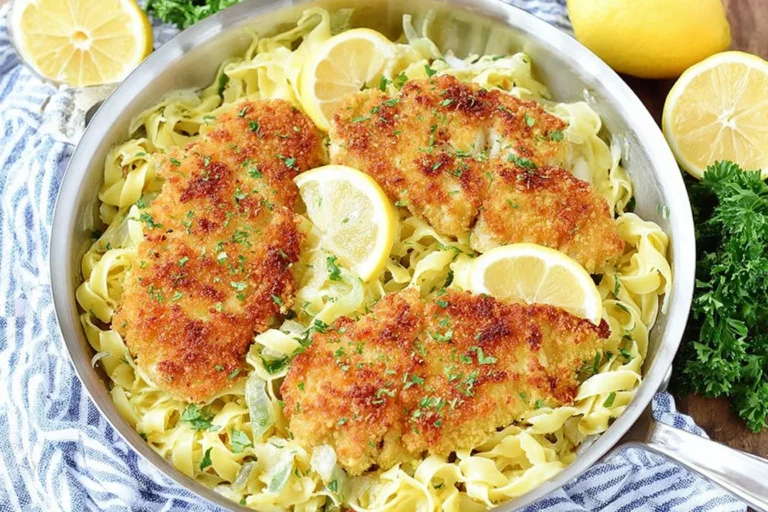 Crispy Romano Chicken with Lemon Garlic Pasta in a skillet with lemon wedges and parsley over buttery linguine.