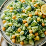 Sunshine Salad made with chickpeas, cucumber, celery, and creamy lime tahini dressing, served fresh with lemon for a healthy meal.
