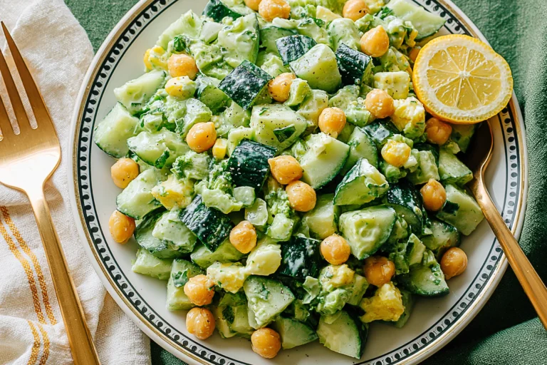 Sunshine Salad made with chickpeas, cucumber, celery, and creamy lime tahini dressing, served fresh with lemon for a healthy meal.