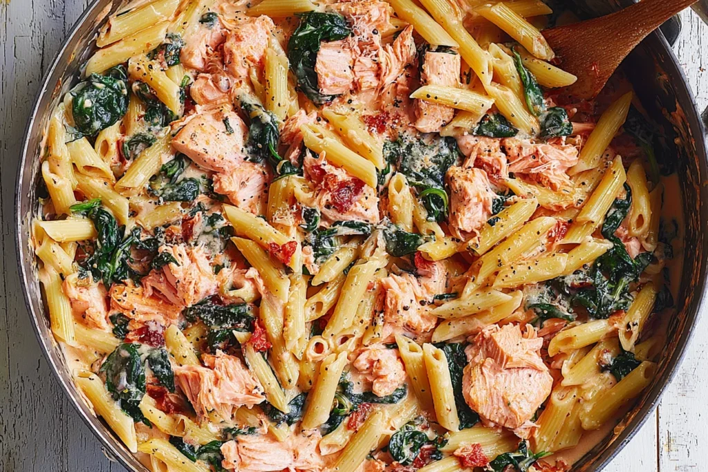 Salmon Pasta with Sun-Dried Tomato Cream Sauce with penne, spinach, and flaky salmon chunks tossed in a creamy garlic sun-dried tomato sauce.