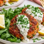 Salmon Patties topped with creamy lemon garlic sauce, fresh parsley, and lemon wedges served on a bed of arugula.