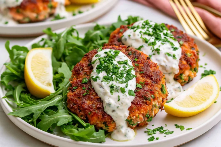 Salmon Patties topped with creamy lemon garlic sauce, fresh parsley, and lemon wedges served on a bed of arugula.
