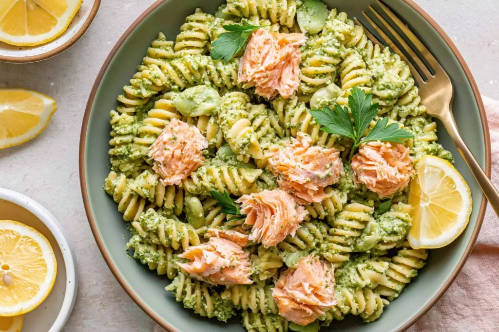 Salmon Pesto Pasta served with flaky roasted salmon, rotini pasta coated in vibrant basil pesto, and fresh lemon wedges for an easy weeknight dinner.
