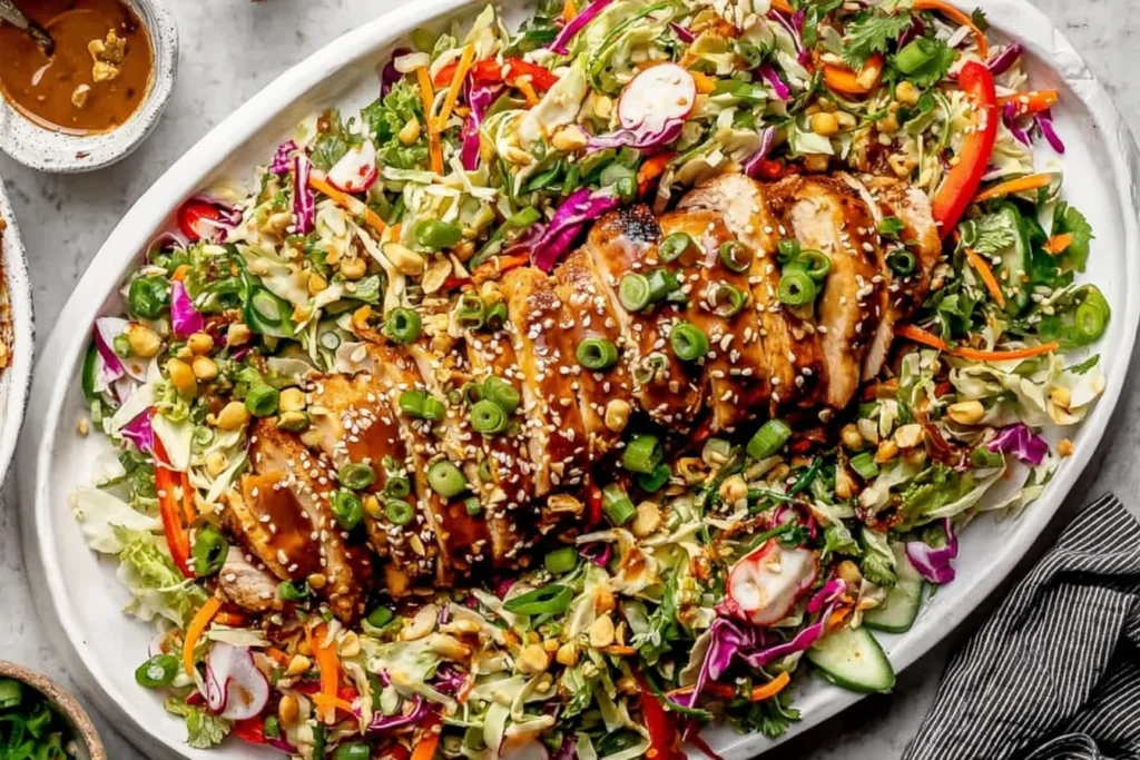 Sesame Chicken Cabbage Crunch Salad with sliced grilled sesame chicken, crunchy cabbage, carrots, peppers, herbs, and sesame ginger dressing on a platter.