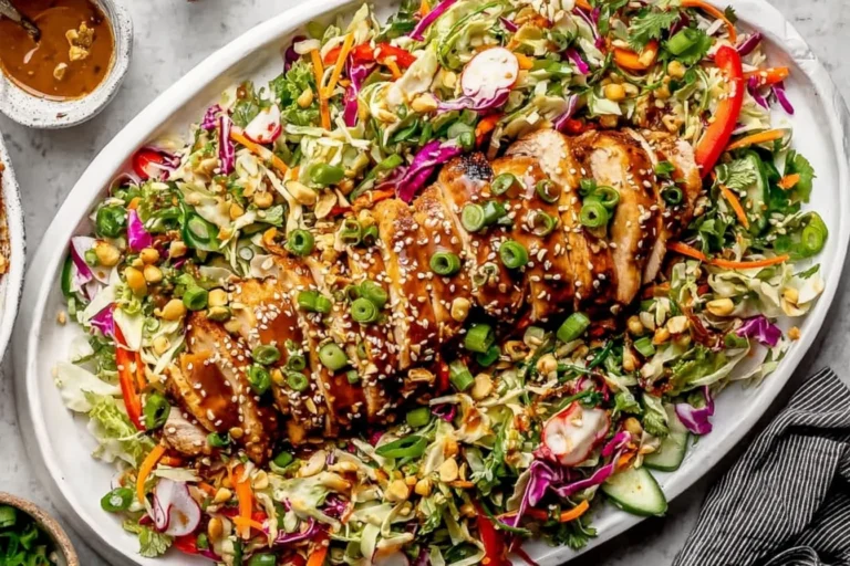 Sesame Chicken Cabbage Crunch Salad with sliced grilled sesame chicken, crunchy cabbage, carrots, peppers, herbs, and sesame ginger dressing on a platter.