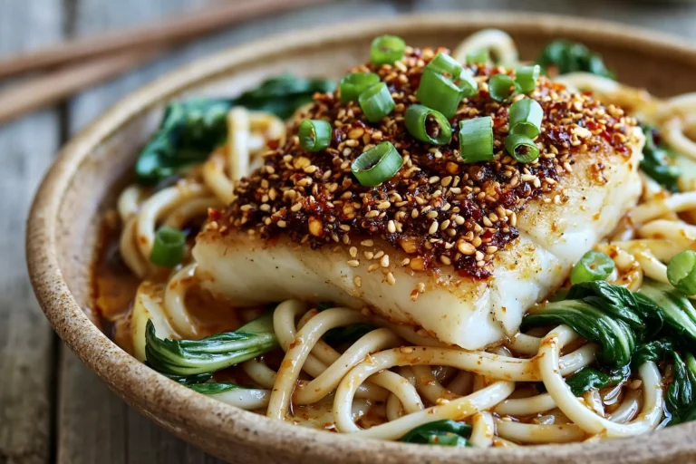 Sesame-Crusted Cod with Ginger Noodles served with crispy sesame-coated cod, tender ginger noodles, spinach, and fresh spring onions.