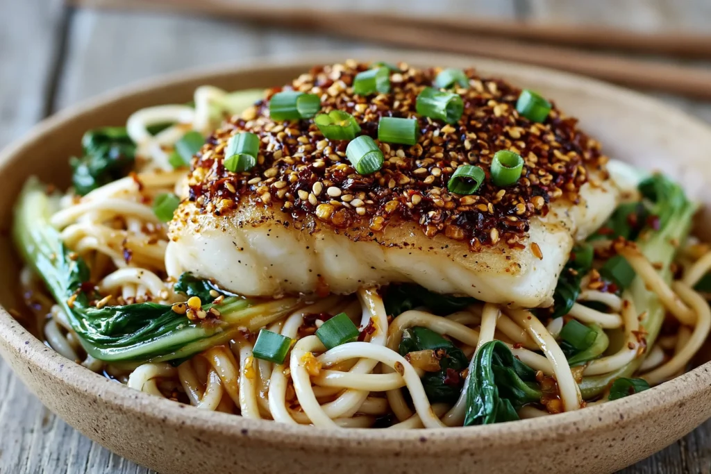 Sesame-Crusted Cod with Ginger Noodles featuring flaky sesame-crusted cod over savory ginger noodles with bok choy and fresh green onions.