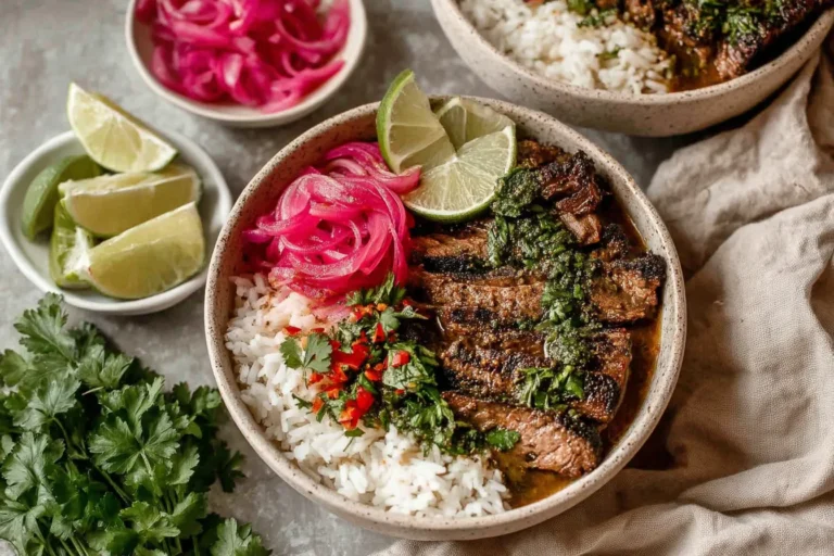 Skirt Steak Rice Bowls with Chimichurri Sauce with sliced grilled steak, white rice, pickled red onions, fresh herbs, and lime wedges.