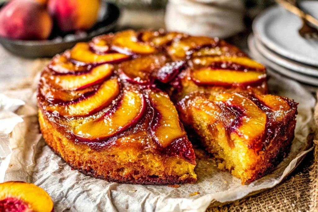 Bourbon Peach Upside Down Cake on parchment paper with a glossy caramelized peach topping and one slice removed to show the moist, golden crumb.