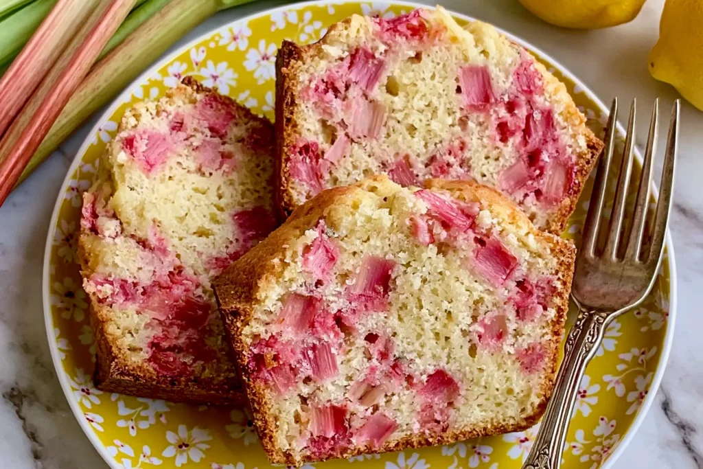 Lemon Rhubarb Bread sliced to reveal a soft, moist crumb filled with fresh rhubarb pieces on a decorative plate.