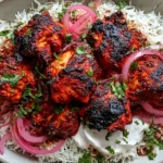 Chicken Tandoori with Cilantro Rice topped with charred spicy yogurt-marinated chicken, pickled red onions, fresh cilantro, and a dollop of yogurt.