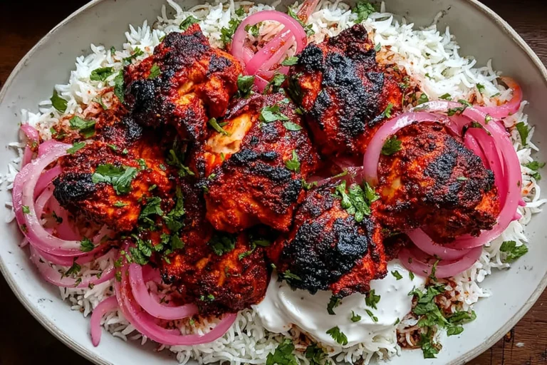 Chicken Tandoori with Cilantro Rice topped with charred spicy yogurt-marinated chicken, pickled red onions, fresh cilantro, and a dollop of yogurt.