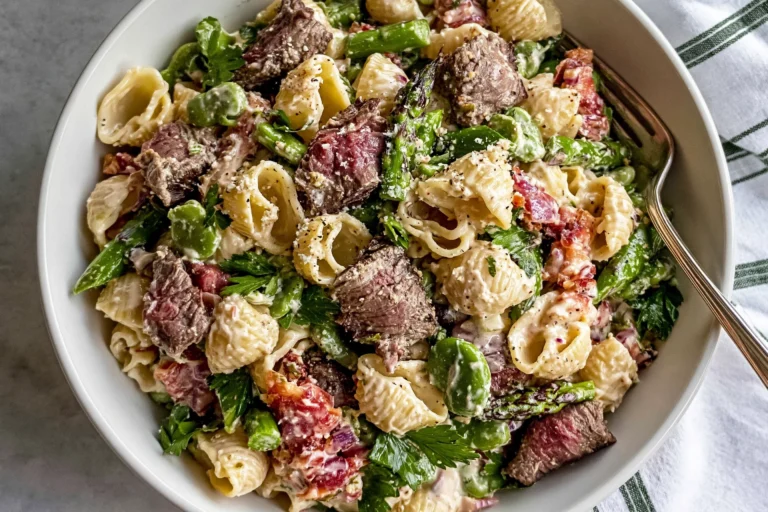 Steak Pasta Salad with tender steak bites, shell pasta, asparagus, bacon, Parmesan cheese, and creamy dressing served in a white bowl.