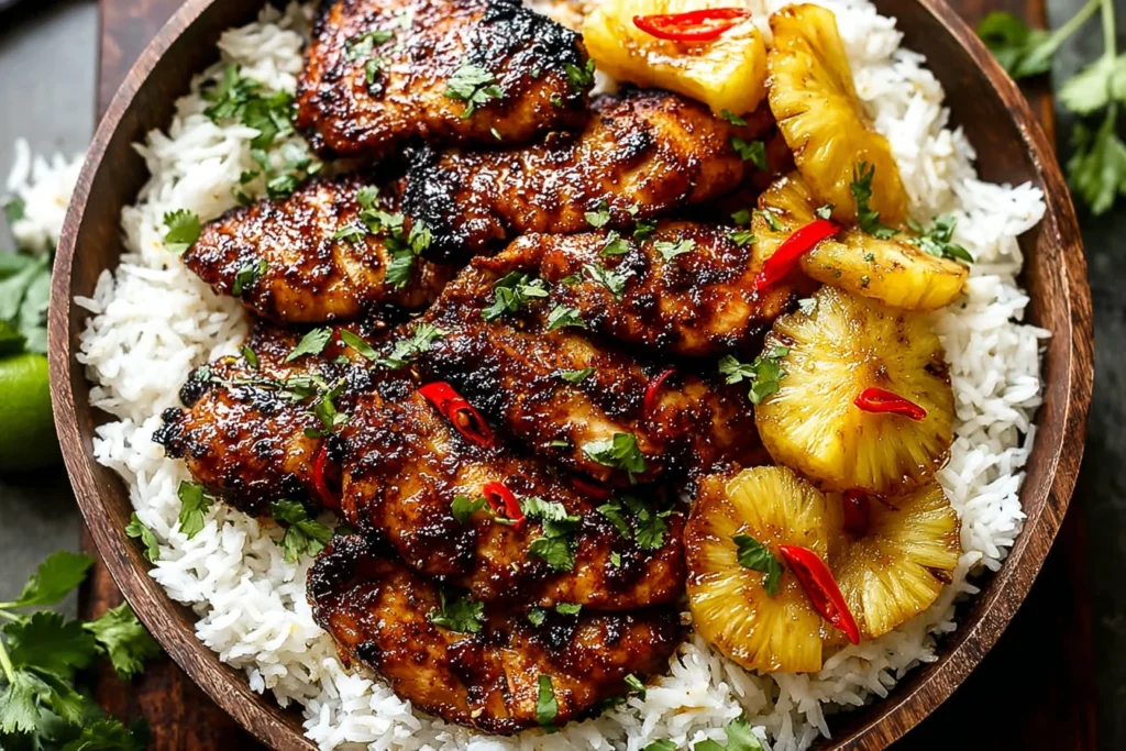 Hawaiian Chicken & Coconut Rice topped with caramelized pineapple rings, sticky glazed chicken thighs, fresh cilantro, and sliced red chiles.