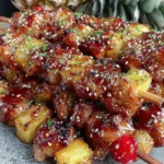 Hawaiian Teriyaki Chicken Kabobs on skewers with caramelized pineapple, glossy teriyaki glaze, sesame seeds, and a smoky grilled char.