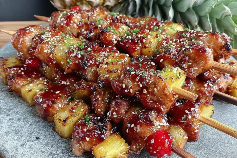 Hawaiian Teriyaki Chicken Kabobs on skewers with caramelized pineapple, glossy teriyaki glaze, sesame seeds, and a smoky grilled char.