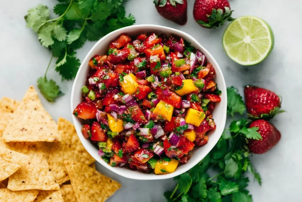 Strawberry Mango Salsa in a white bowl with tortilla chips, cilantro, fresh strawberries, and lime on a light marble background.