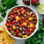 Strawberry Mango Salsa in a white bowl with tortilla chips, cilantro, fresh strawberries, and lime on a light marble background.