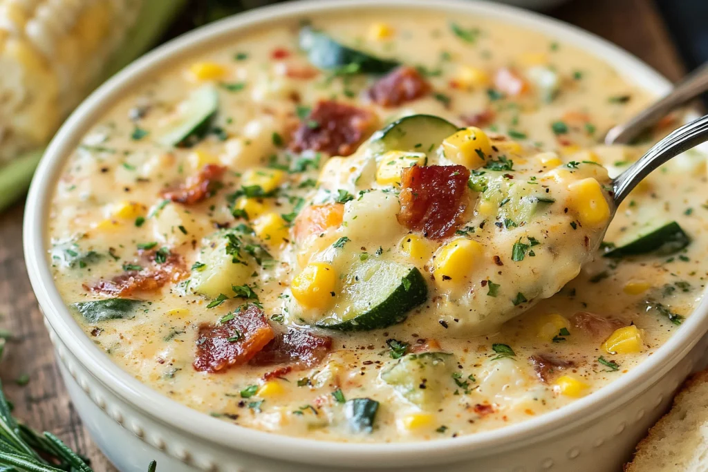 Close-up of creamy Summer Corn and Zucchini Chowder with sweet corn, zucchini, potatoes, crispy bacon, and fresh herbs in a rustic bowl.