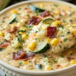 Close-up of creamy Summer Corn and Zucchini Chowder with sweet corn, zucchini, potatoes, crispy bacon, and fresh herbs in a rustic bowl.