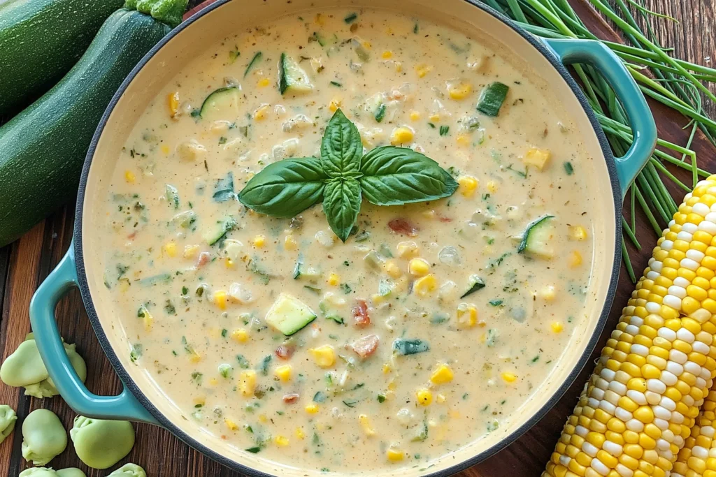 Summer Corn and Zucchini Chowder served in a Dutch oven, featuring sweet corn, fresh zucchini, potatoes, and a creamy broth garnished with basil.