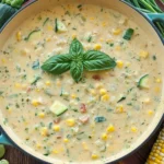 Summer Corn and Zucchini Chowder served in a Dutch oven, featuring sweet corn, fresh zucchini, potatoes, and a creamy broth garnished with basil.