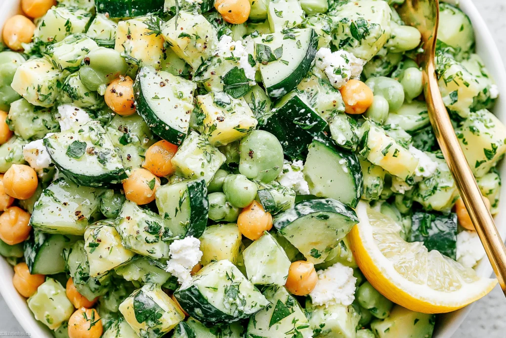 Sunshine Salad with chickpeas, cucumber, avocado, fresh herbs, and creamy citrus dressing, topped with feta cheese and served with lemon.