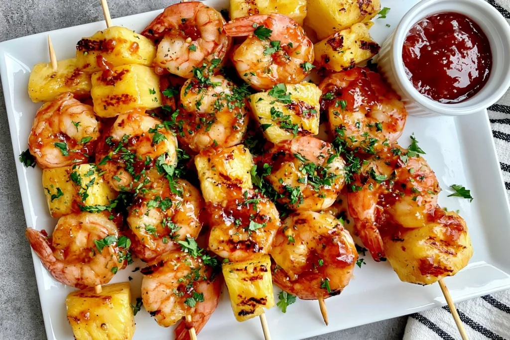 Sweet and Spicy Pineapple Shrimp Skewers grilled with juicy shrimp, caramelized pineapple, sweet chili glaze, and fresh parsley on a serving platter.