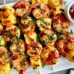 Sweet and Spicy Pineapple Shrimp Skewers grilled with juicy shrimp, caramelized pineapple, sweet chili glaze, and fresh parsley on a serving platter.