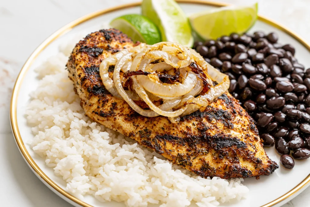The Best Cuban Chicken served with white rice, black beans, caramelized onions, and fresh lime wedges for a classic Cuban-inspired meal.