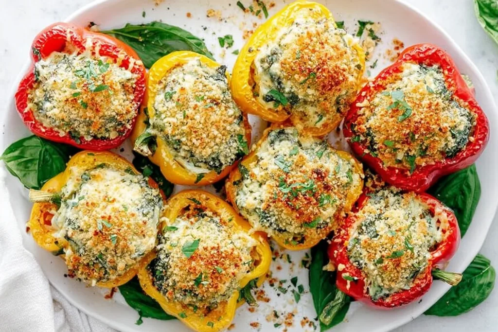 Tuscan Ricotta Stuffed Peppers arranged on a platter—red and yellow bell peppers filled with spinach ricotta and topped with crispy golden breadcrumbs.