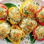 Tuscan Ricotta Stuffed Peppers arranged on a platter—red and yellow bell peppers filled with spinach ricotta and topped with crispy golden breadcrumbs.