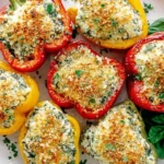 Tuscan Ricotta Stuffed Peppers baked with spinach-ricotta filling and a golden breadcrumb topping on a white platter.