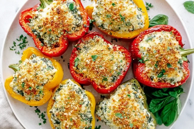 Tuscan Ricotta Stuffed Peppers baked with spinach-ricotta filling and a golden breadcrumb topping on a white platter.
