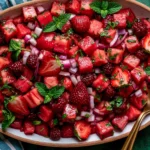 Watermelon Fruit Salad with fresh strawberries, raspberries, and lime mint dressing served in a bowl for a refreshing summer side dish.