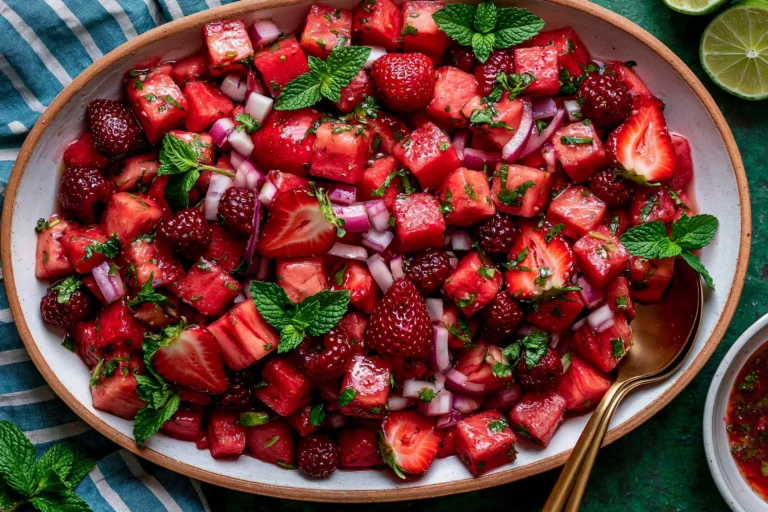 Watermelon Fruit Salad with fresh strawberries, raspberries, and lime mint dressing served in a bowl for a refreshing summer side dish.