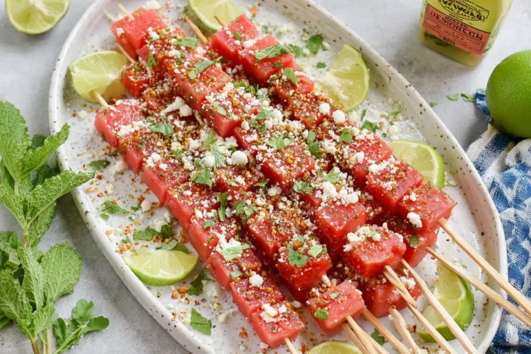 Watermelon Tajin Skewers topped with lime, cotija cheese, mint, and flaky salt on a platter for a fresh, spicy-sweet summer snack.