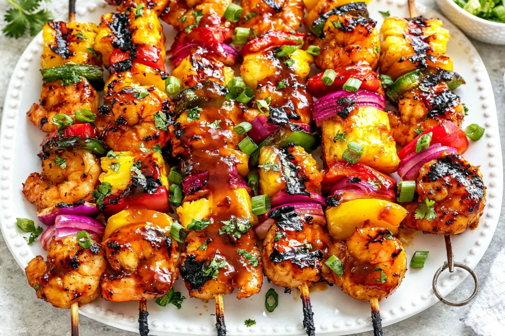 Shrimp Skewer with grilled shrimp, pineapple, bell peppers, and red onion brushed with a sweet and tangy glaze.