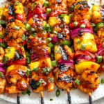 Shrimp Skewer with grilled shrimp, pineapple, bell peppers, and red onion brushed with a sweet and tangy glaze.