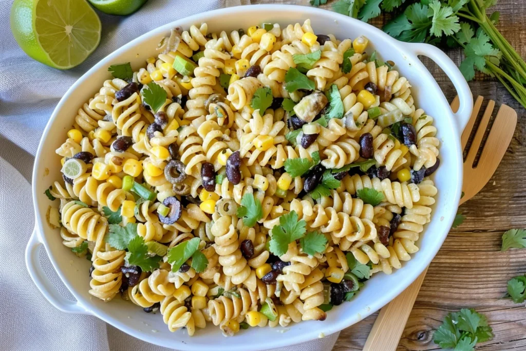 Black Bean & Corn Pasta Salad served in a white bowl with rotini pasta, black beans, sweet corn, fresh cilantro, and a creamy lime dressing.