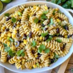 Black Bean & Corn Pasta Salad served in a white bowl with rotini pasta, black beans, sweet corn, fresh cilantro, and a creamy lime dressing.