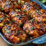 Chicken country club dish baked with a sweet and savory apricot glaze, golden caramelized chicken pieces topped with parsley and sesame seeds.