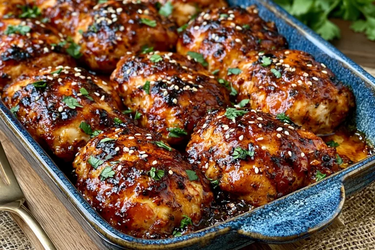 Chicken country club dish baked with a sweet and savory apricot glaze, golden caramelized chicken pieces topped with parsley and sesame seeds.
