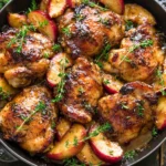 Chicken with Peaches cooked in a cast-iron skillet with juicy peaches, honey butter sauce, and fresh thyme for an easy summer dinner.