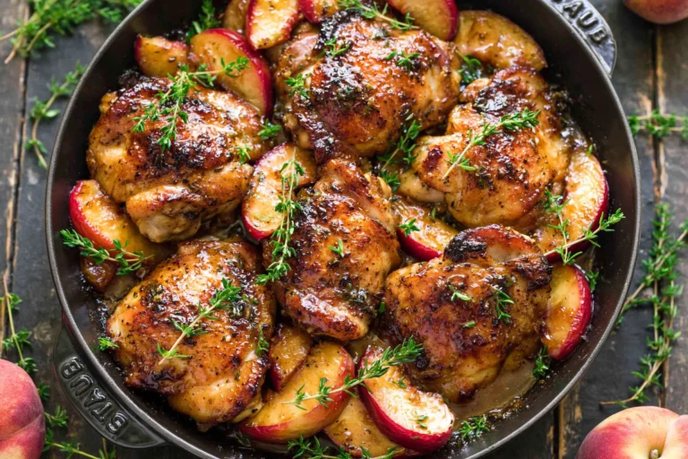 Chicken with Peaches cooked in a cast-iron skillet with juicy peaches, honey butter sauce, and fresh thyme for an easy summer dinner.