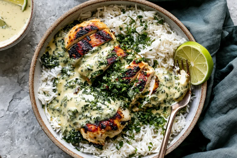 Creamy Herb Chicken & Basmati Rice served with juicy herb chicken, fluffy basmati rice, creamy garlic herb sauce, fresh parsley, and lime.