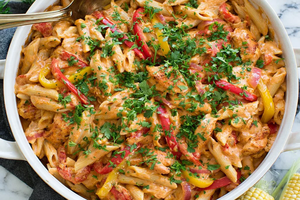 One Pot Cajun Chicken Pasta with juicy chicken, penne pasta, bell peppers, Parmesan cheese, and fresh parsley in a creamy Cajun sauce.