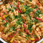 One Pot Cajun Chicken Pasta with juicy chicken, penne pasta, bell peppers, Parmesan cheese, and fresh parsley in a creamy Cajun sauce.